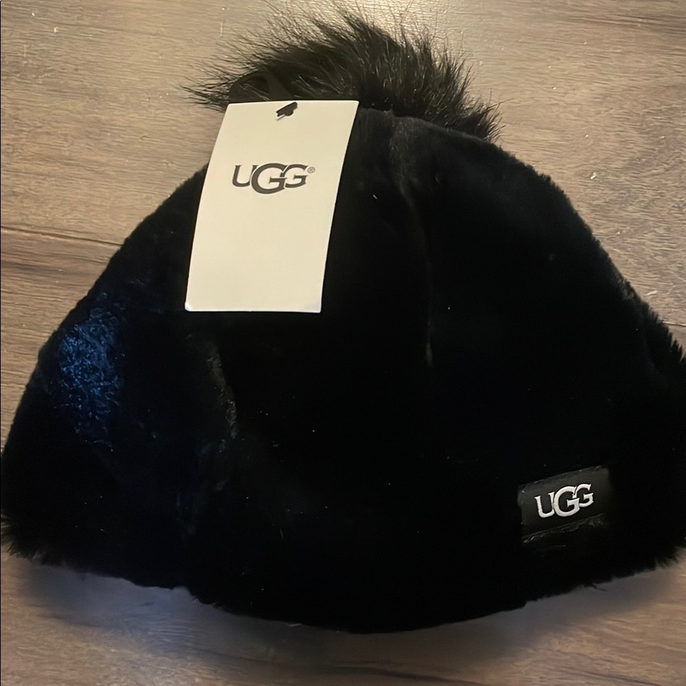UGG Black Faux Fur Beanie kids